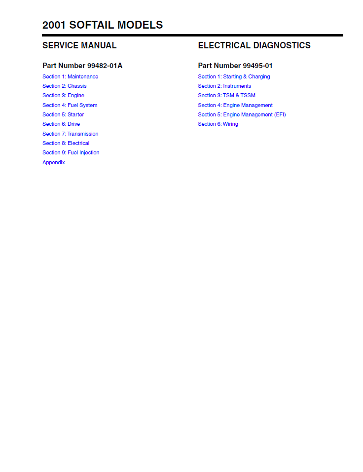 Harley Davidson 2001 Softail Models Service & Electrical Diagnostic Manual