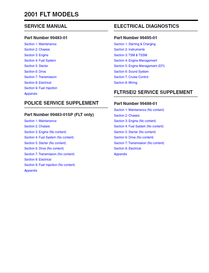 Harley Davidson 2001 Touring Models Service & Electrical Diagnostic Manual