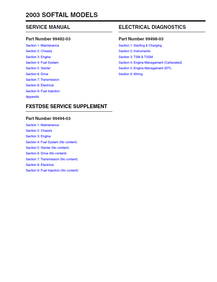Harley Davidson 2003 Softail Models Service & Electrical Diagnostic Manual