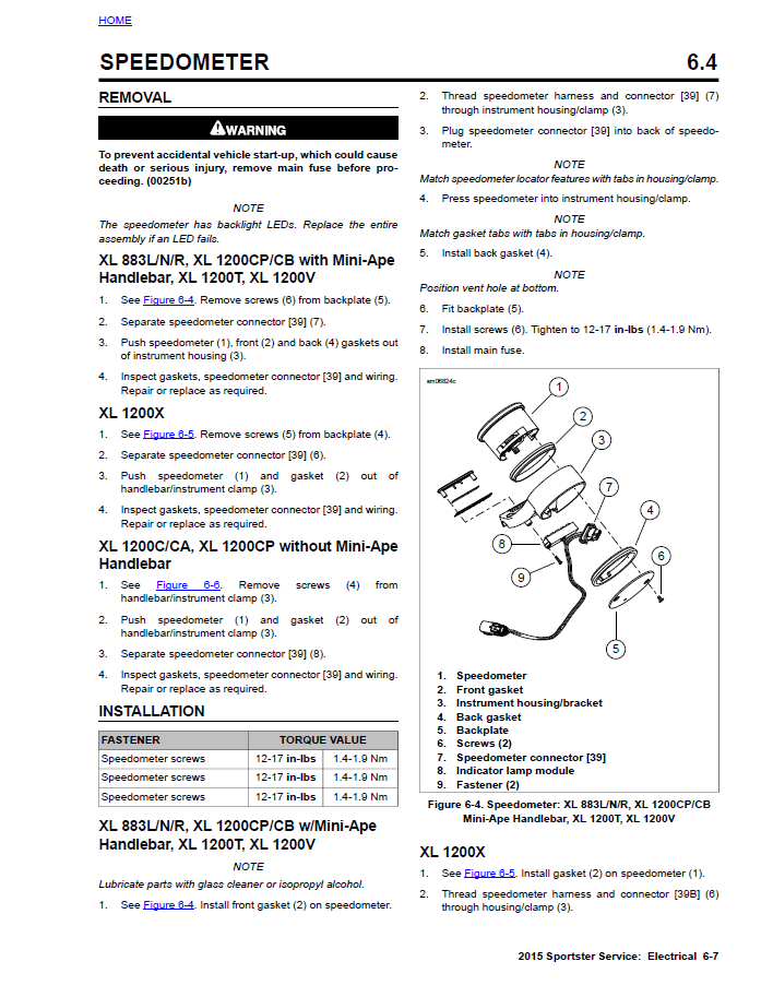 Harley Davidson 2015 Sportster Models Service & Electrical Diagnostic Manual